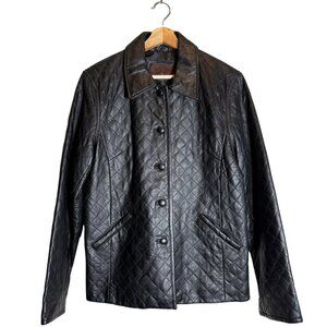 Vintage 100% Leather Quilted Barn Jacket Chore Coat Women's 14 Black Retro Chic